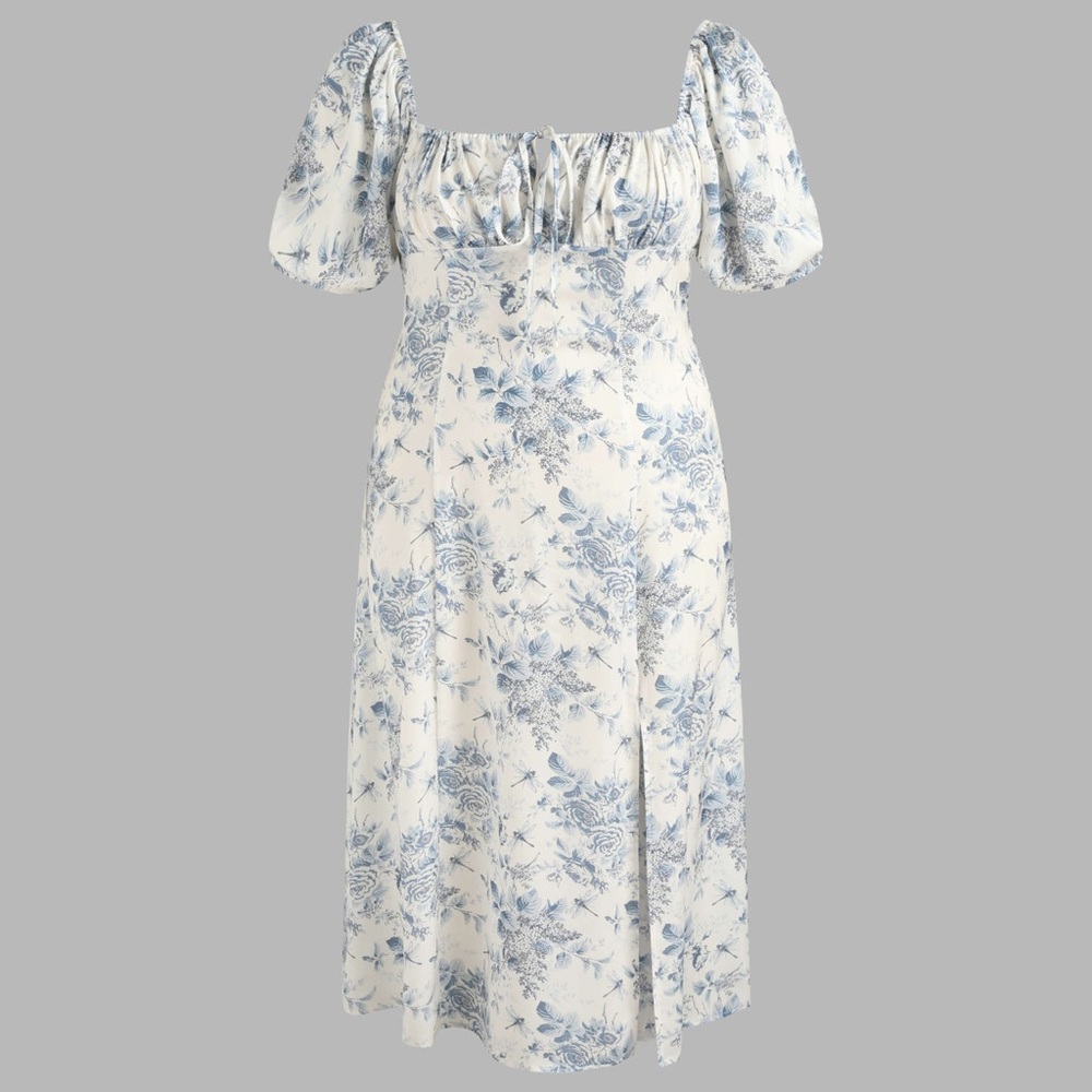 Cider Blue Floral Puff-Sleeve Midi Dress